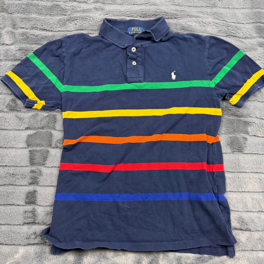 Polo Ralph Lauren Kids Navy Multi Color Stripe Cotton Polo Shirt Size L 14-16